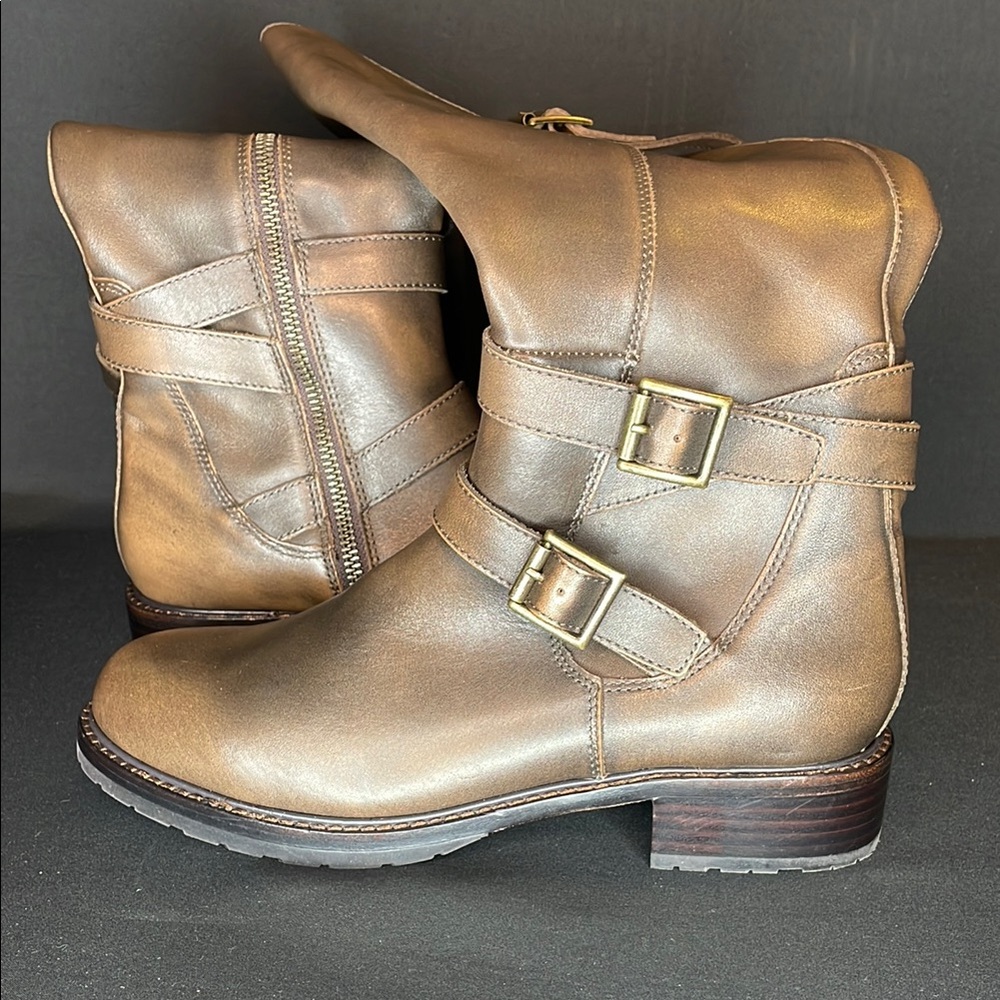 Donald J. Pliner Brown Combat Moto Boots with Buckle Details